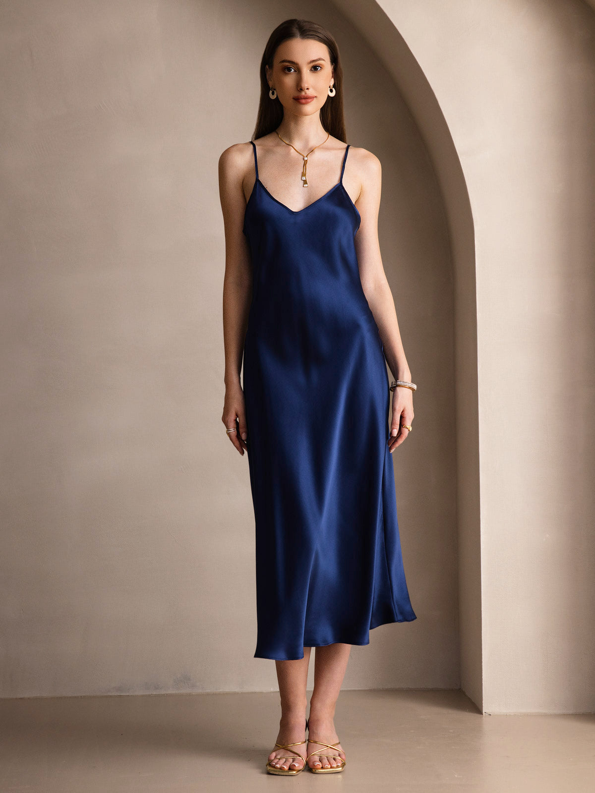 Pure Silk Solid Color Spaghetti Strap Long Dress