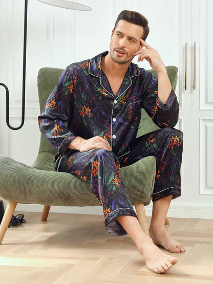 Pure Silk Floral Printed Lapel Men‘s Pajamas