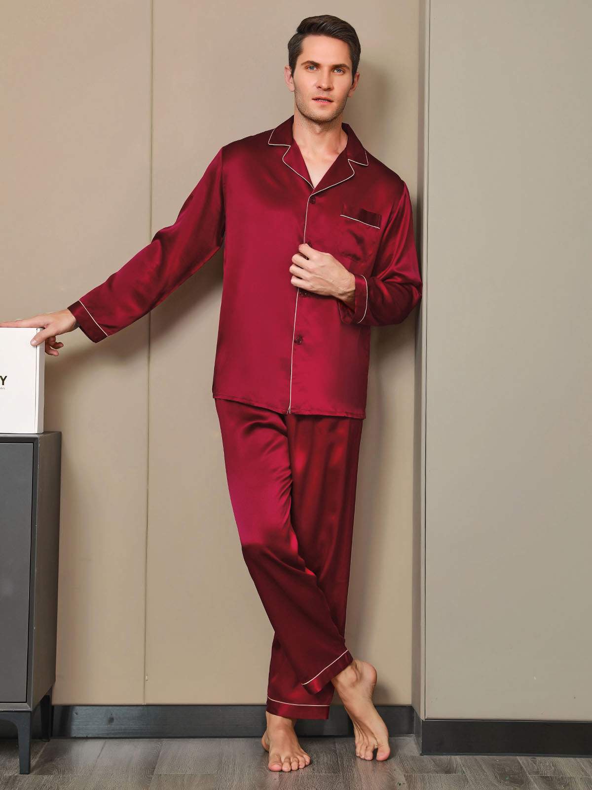 Pure Silk Men‘s Lapel Pajama Set 2Pcs