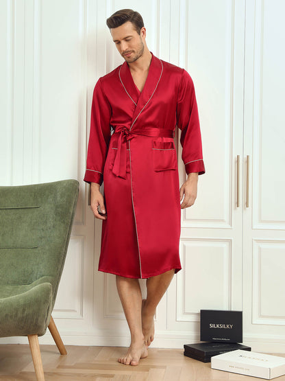 Pure Silk Piping Trim Belted Mens Robe