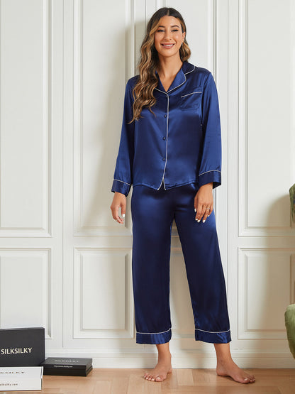 Binding Trim Long Sleeve Pure Silk Pajamas Set