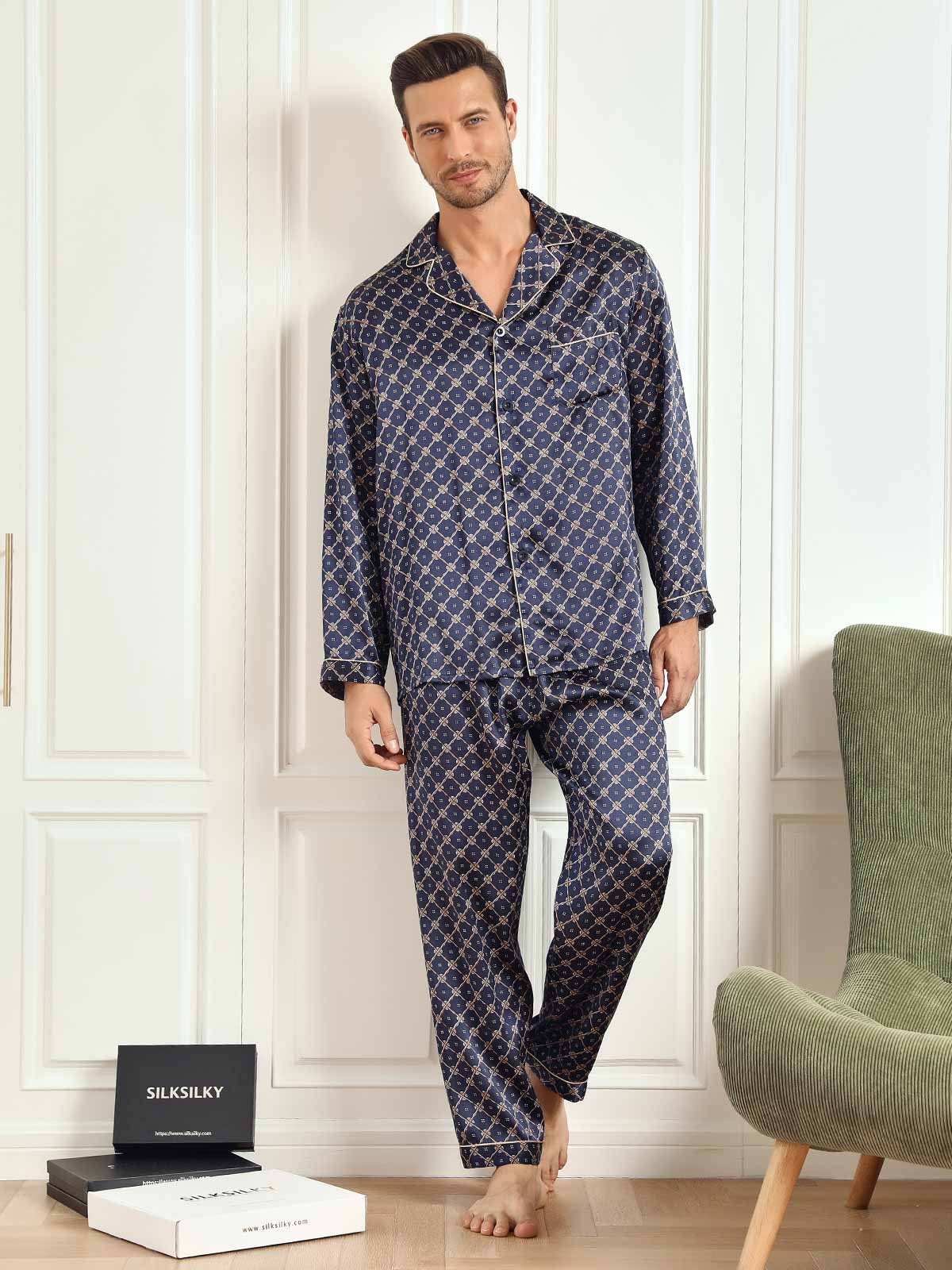 Pure Silk Printed Lapel Men‘s Pajamas