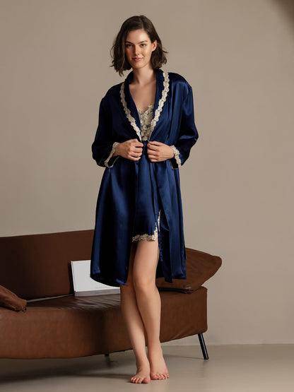 Women's Silk Flower Trim Long Sleeve Robe