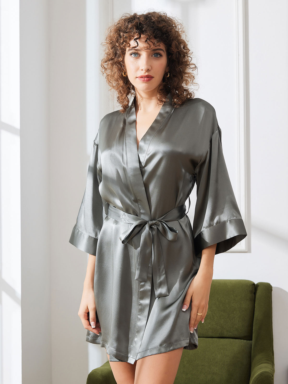 Glossy Pure Silk Short Robe For Women