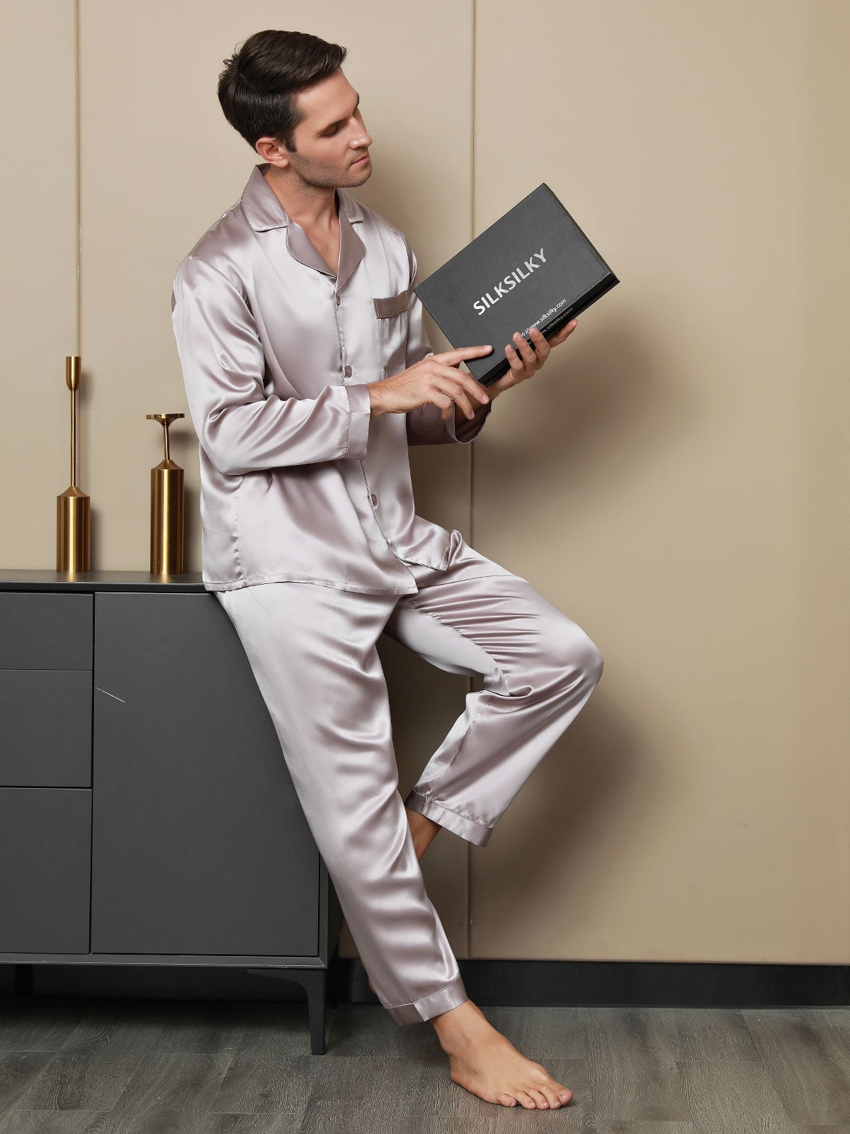 Silk Men's Lapel Long Sleeve Pajamas Set