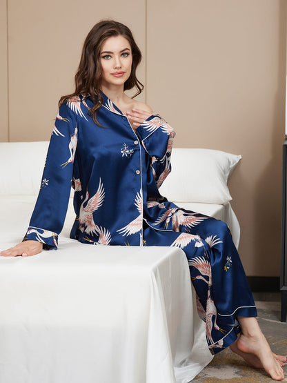 19Momme Pure Silk Printed Classic Binding Trim Womens Pajama set