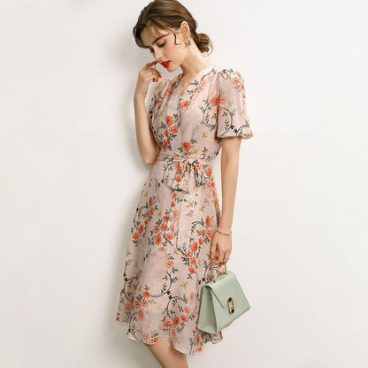 Floral pure Silk Midi Dress Guest Party Silk Dresses