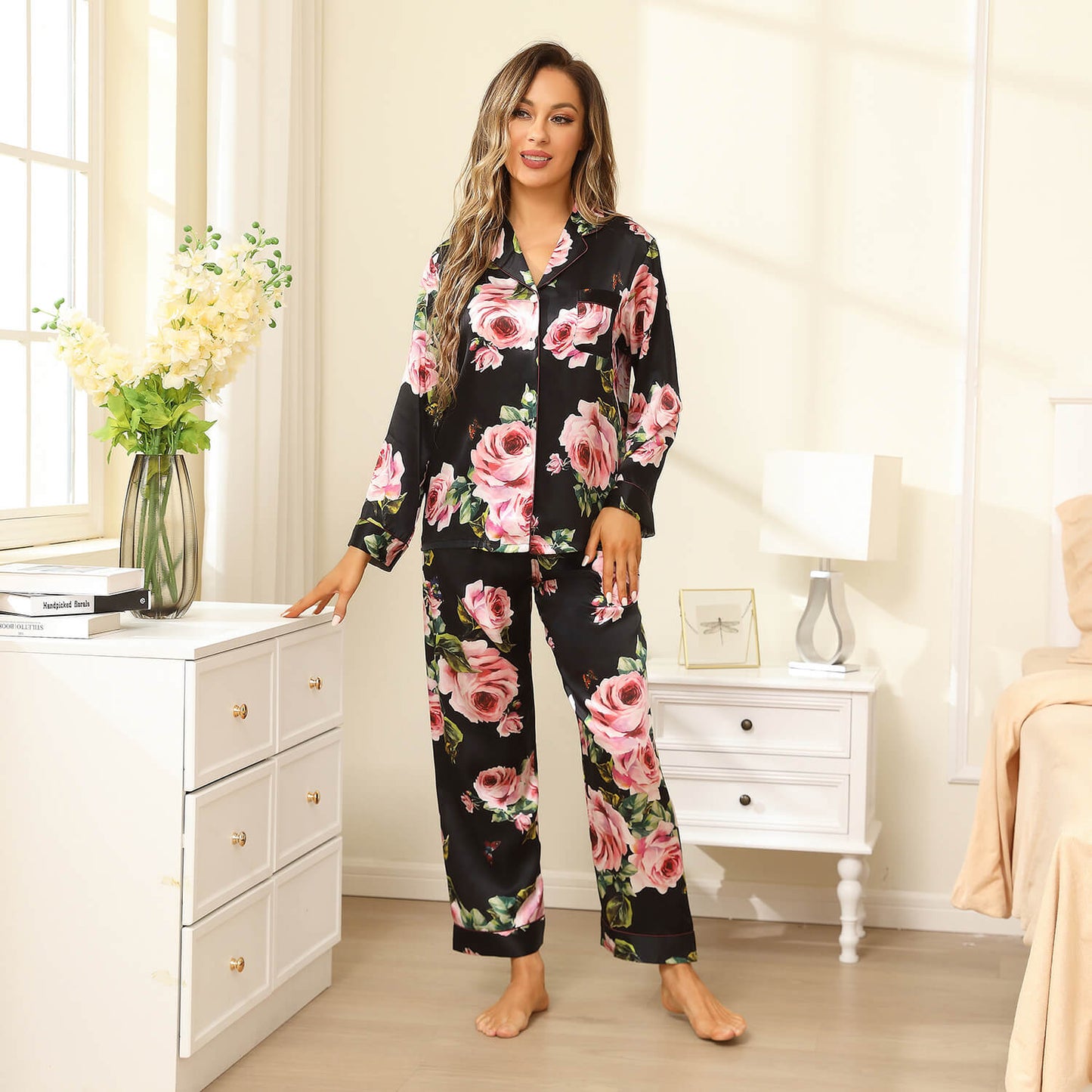 Floral Real Silk Pajama Set For Women Printed silk pjs pure Silk nightwear