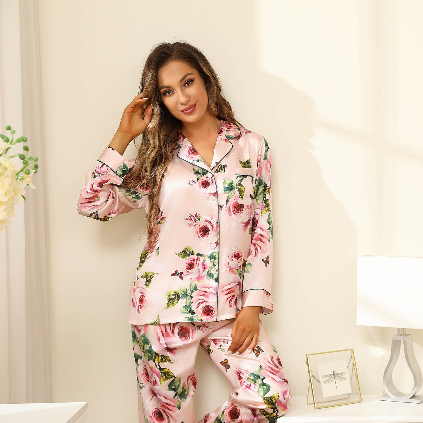 Floral Real Silk Pajama Set For Women Printed silk pjs pure Silk nightwear