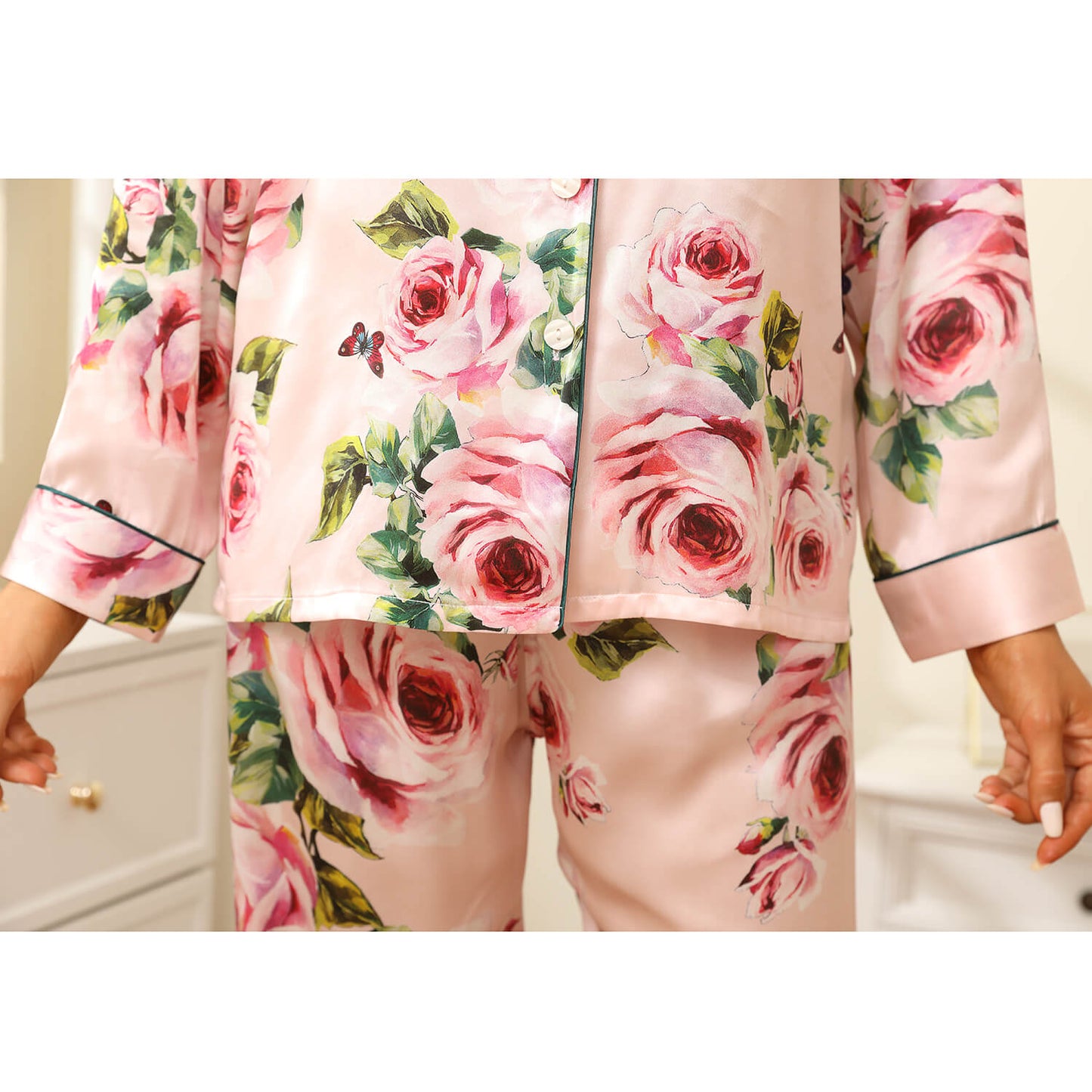 Floral Real Silk Pajama Set For Women Printed silk pjs pure Silk nightwear