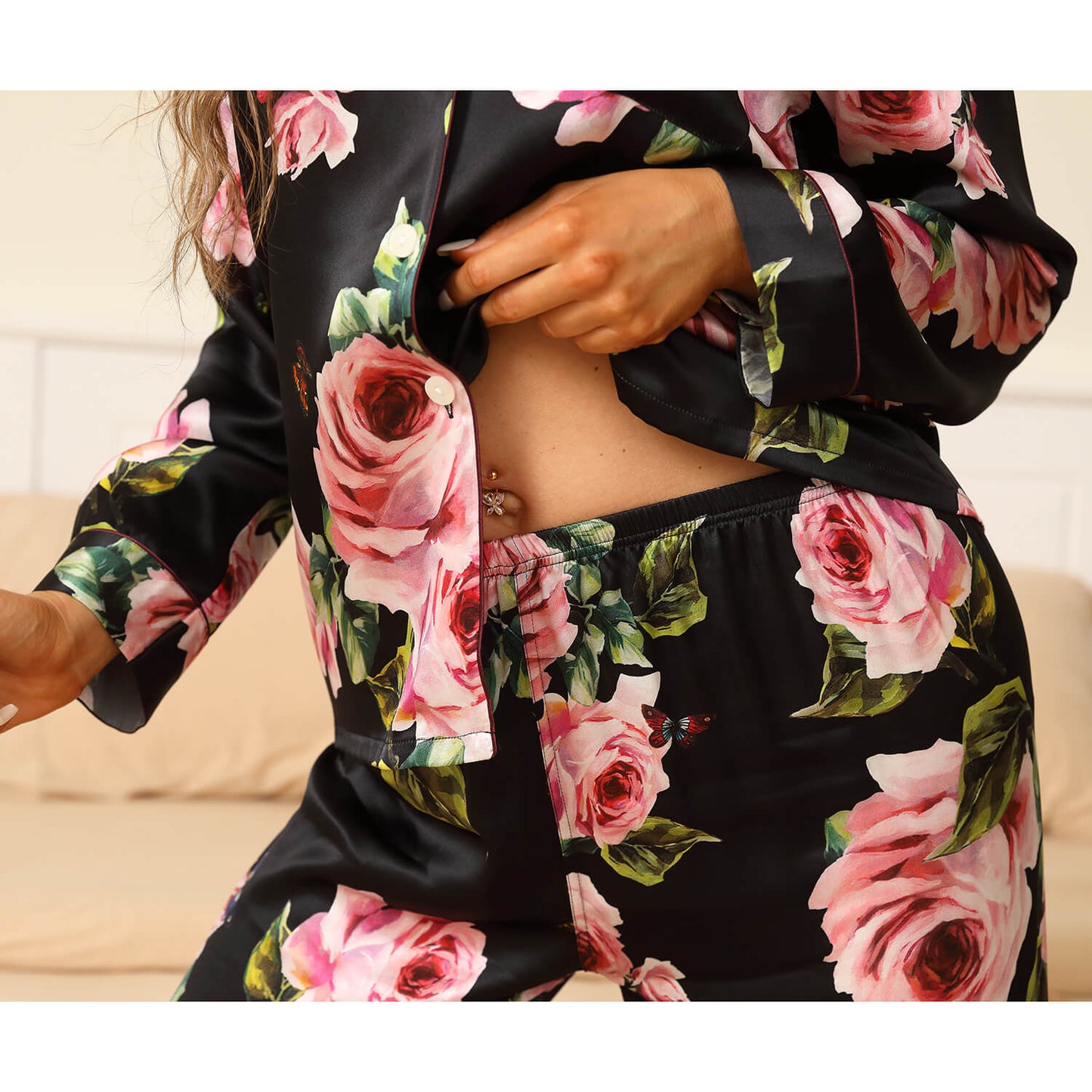 Floral Real Silk Pajama Set For Women Printed silk pjs pure Silk nightwear