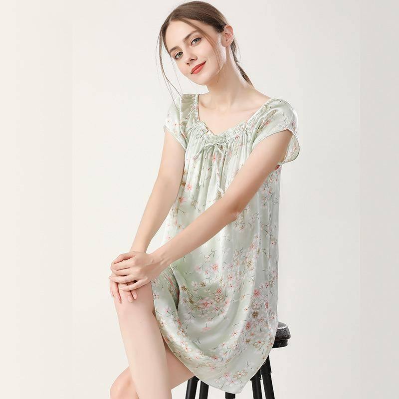 Floral Silk Nightgown For Women Mulberry Loose pure Silk Nightdress