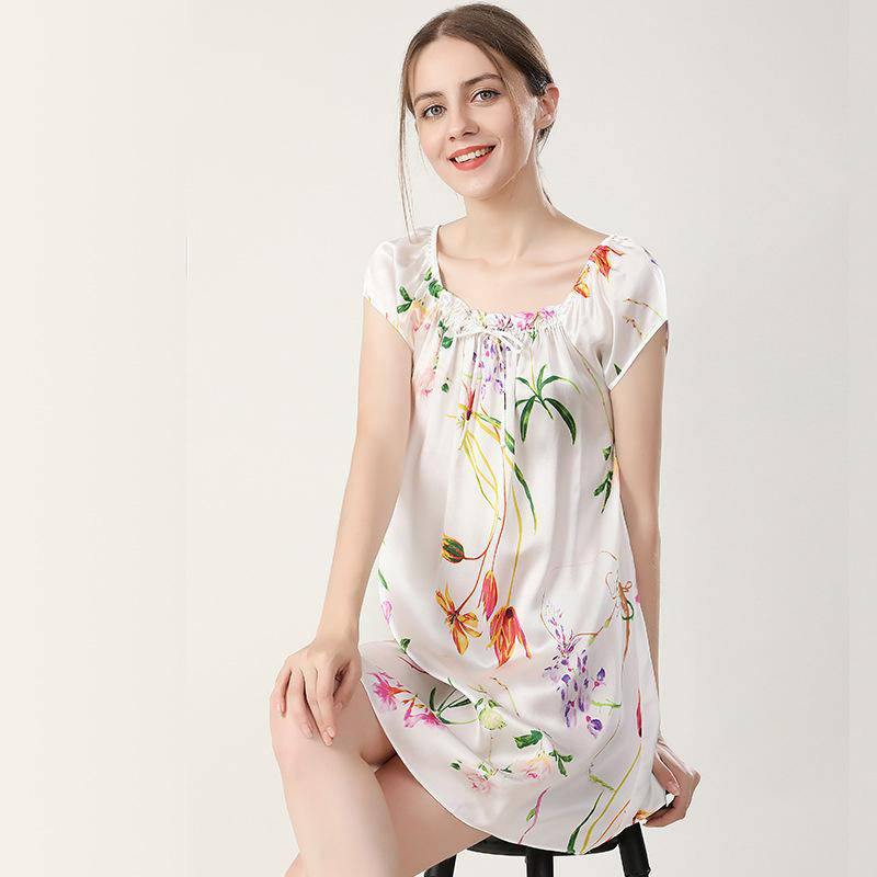 Floral Silk Nightgown For Women Mulberry Loose pure Silk Nightdress