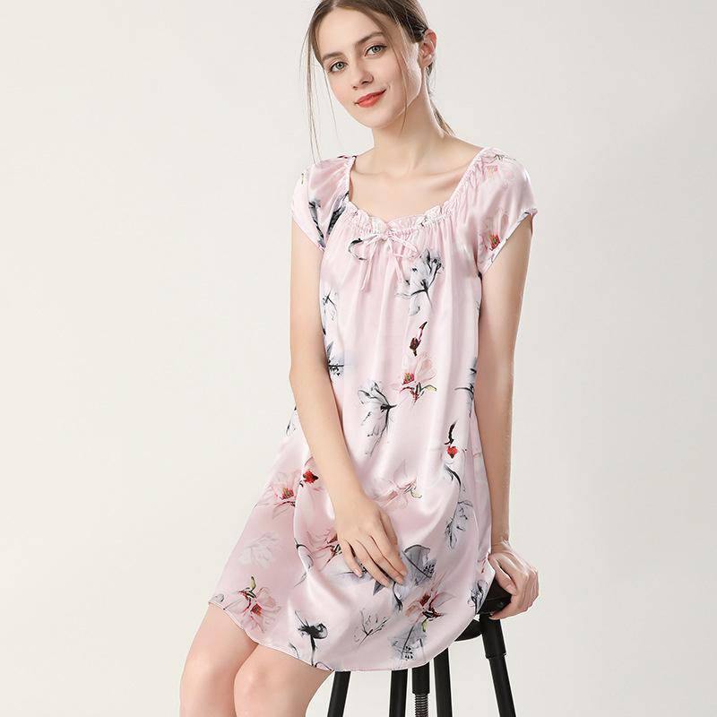 Floral Silk Nightgown For Women Mulberry Loose pure Silk Nightdress