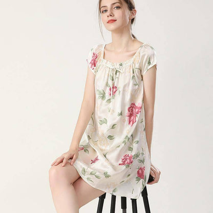 Floral Silk Nightgown For Women Mulberry Loose pure Silk Nightdress