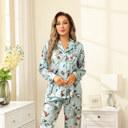 Flower Print Silk Pajamas For Women Long luxury mulberry silk pajama set