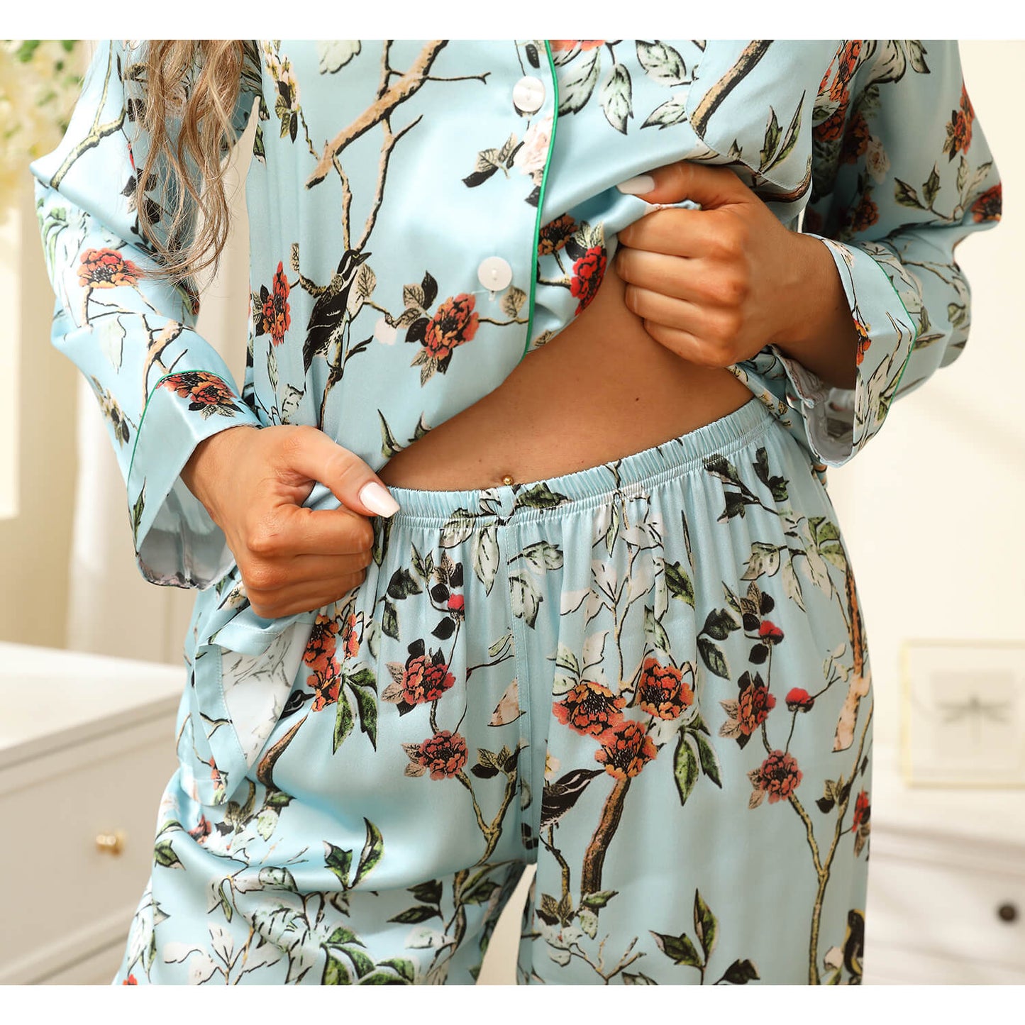 Flower Print Silk Pajamas For Women Long luxury mulberry silk pajama set