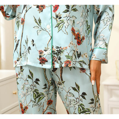 Flower Print Silk Pajamas For Women Long luxury mulberry silk pajama set