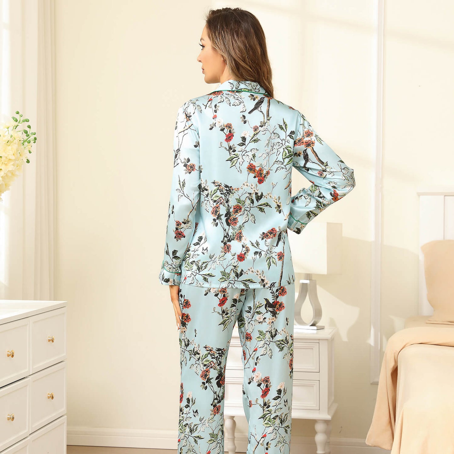 Flower Print Silk Pajamas For Women Long luxury mulberry silk pajama set