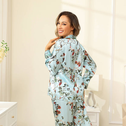 Flower Print Silk Pajamas For Women Long luxury mulberry silk pajama set