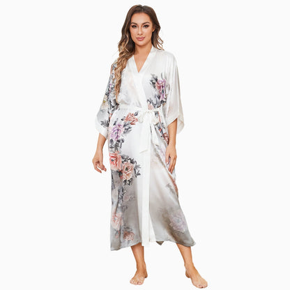 Grey and White Ombre Luxury Women's Colorful Flowers Print Long 100% Mulberry Silk Kimono Robe