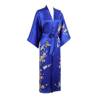 Long Silk Kimono for Women Cherry Blossom Printing Silk Robe