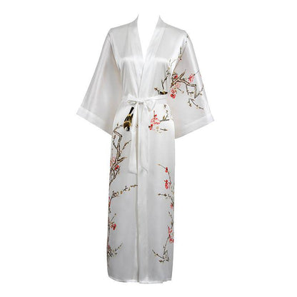 Long Silk Kimono for Women Cherry Blossom Printing Silk Robe