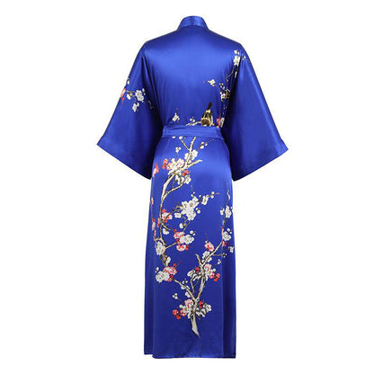 Long Silk Kimono for Women Cherry Blossom Printing Silk Robe