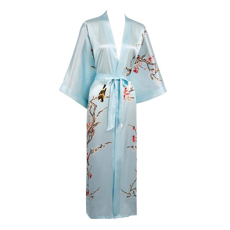 Long Silk Kimono for Women Cherry Blossom Printing Silk Robe