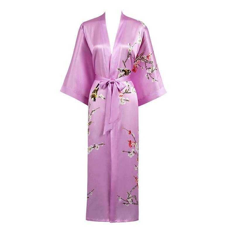 Long Silk Kimono for Women Cherry Blossom Printing Silk Robe