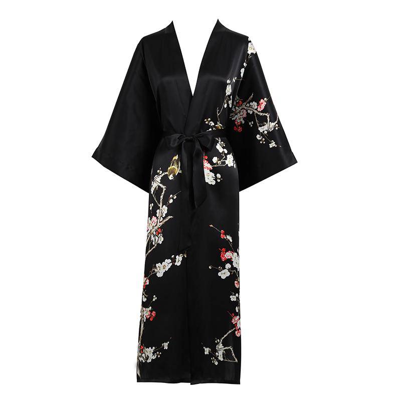 Long Silk Kimono for Women Cherry Blossom Printing Silk Robe