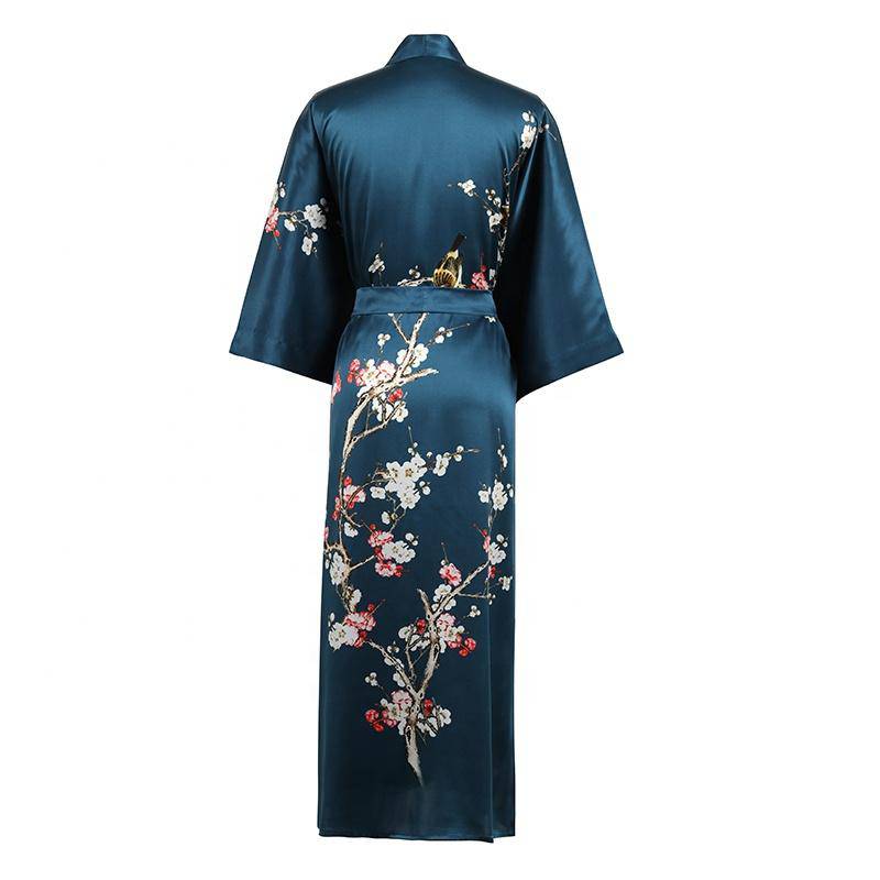 Long Silk Kimono for Women Cherry Blossom Printing Silk Robe