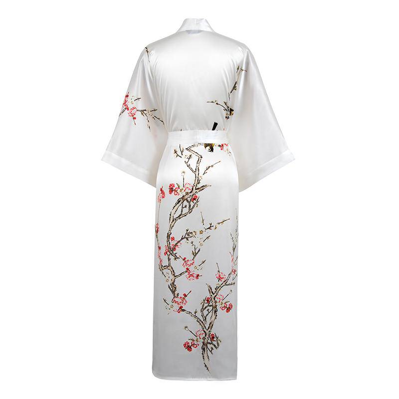 Long Silk Kimono for Women Cherry Blossom Printing Silk Robe