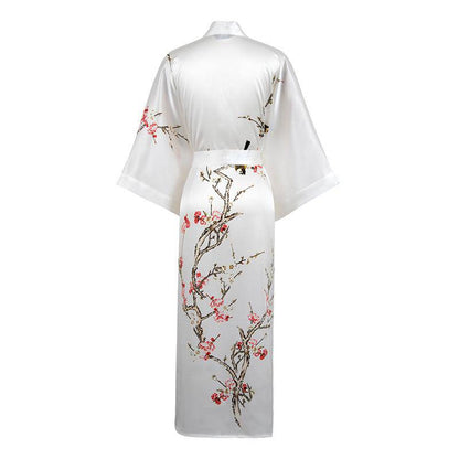 Long Silk Kimono for Women Cherry Blossom Printing Silk Robe