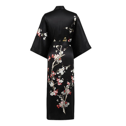 Long Silk Kimono for Women Cherry Blossom Printing Silk Robe