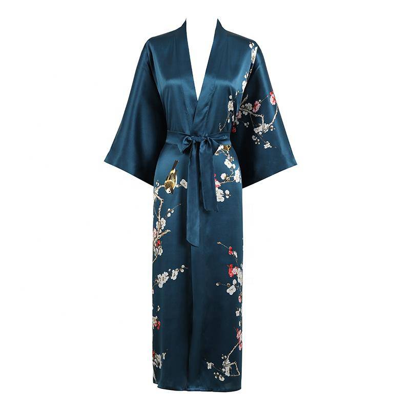 Long Silk Kimono for Women Cherry Blossom Printing Silk Robe