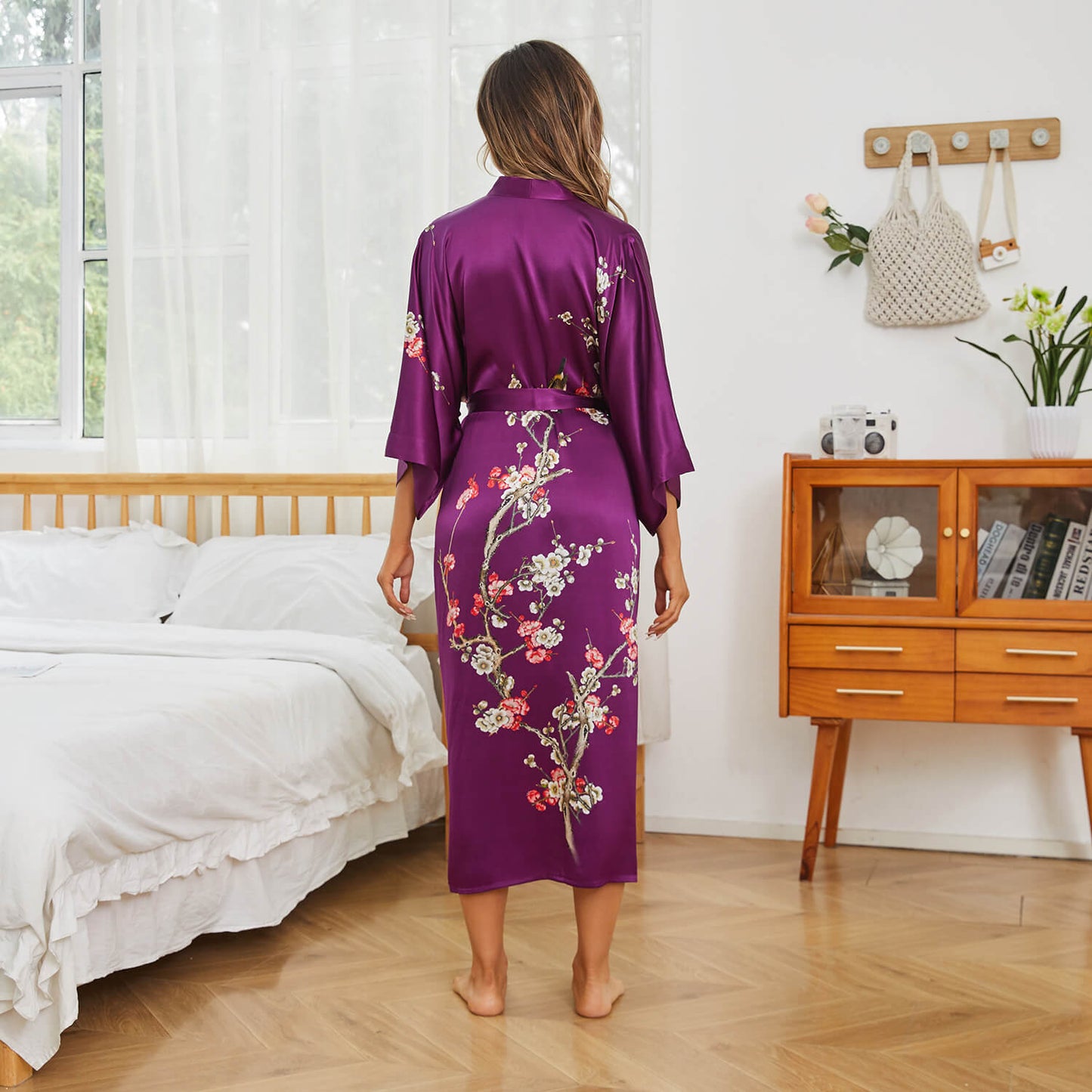 Long Silk Kimono for Women Cherry Blossom Printing Silk Robe