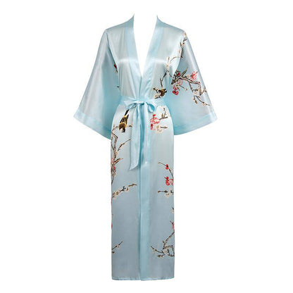 Long Silk Kimono for Women Cherry Blossom Printing Silk Robe