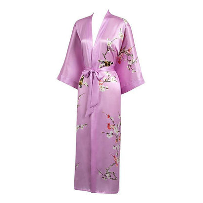 Long Silk Kimono for Women Cherry Blossom Printing Silk Robe