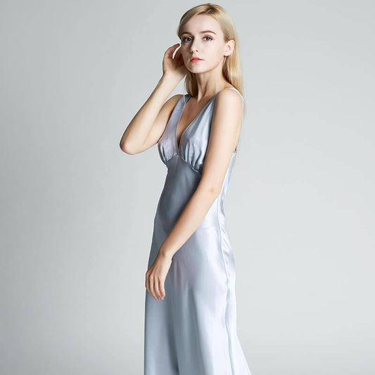 Long Silk Nightgown For Women With Wide Strap V Neck silk nightdress