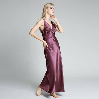 Long Silk Nightgown For Women With Wide Strap V Neck silk nightdress