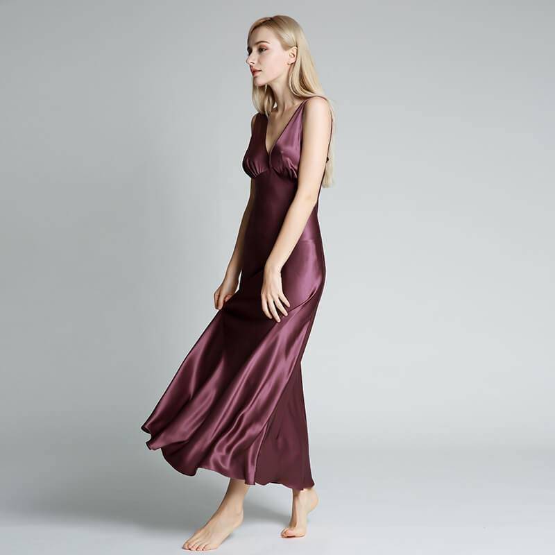 Long Silk Nightgown For Women With Wide Strap V Neck silk nightdress