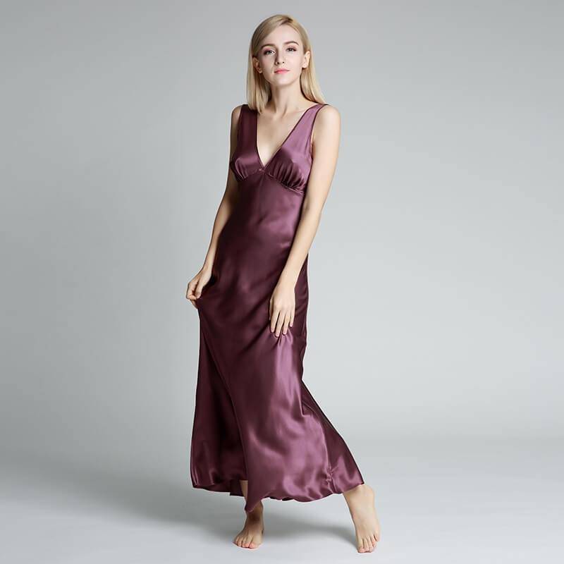 Long Silk Nightgown For Women With Wide Strap V Neck silk nightdress