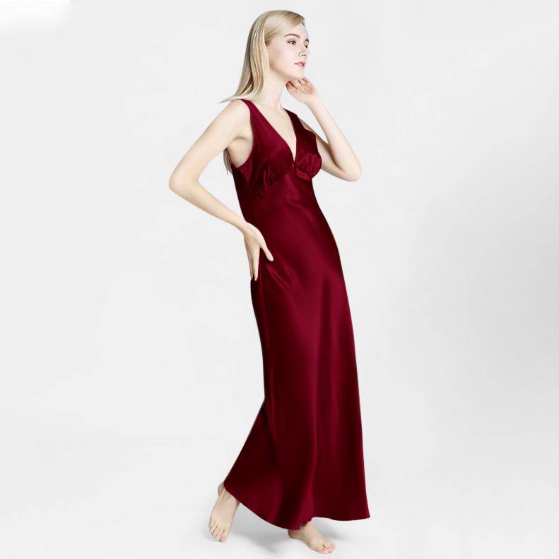 Long Silk Nightgown For Women With Wide Strap V Neck silk nightdress