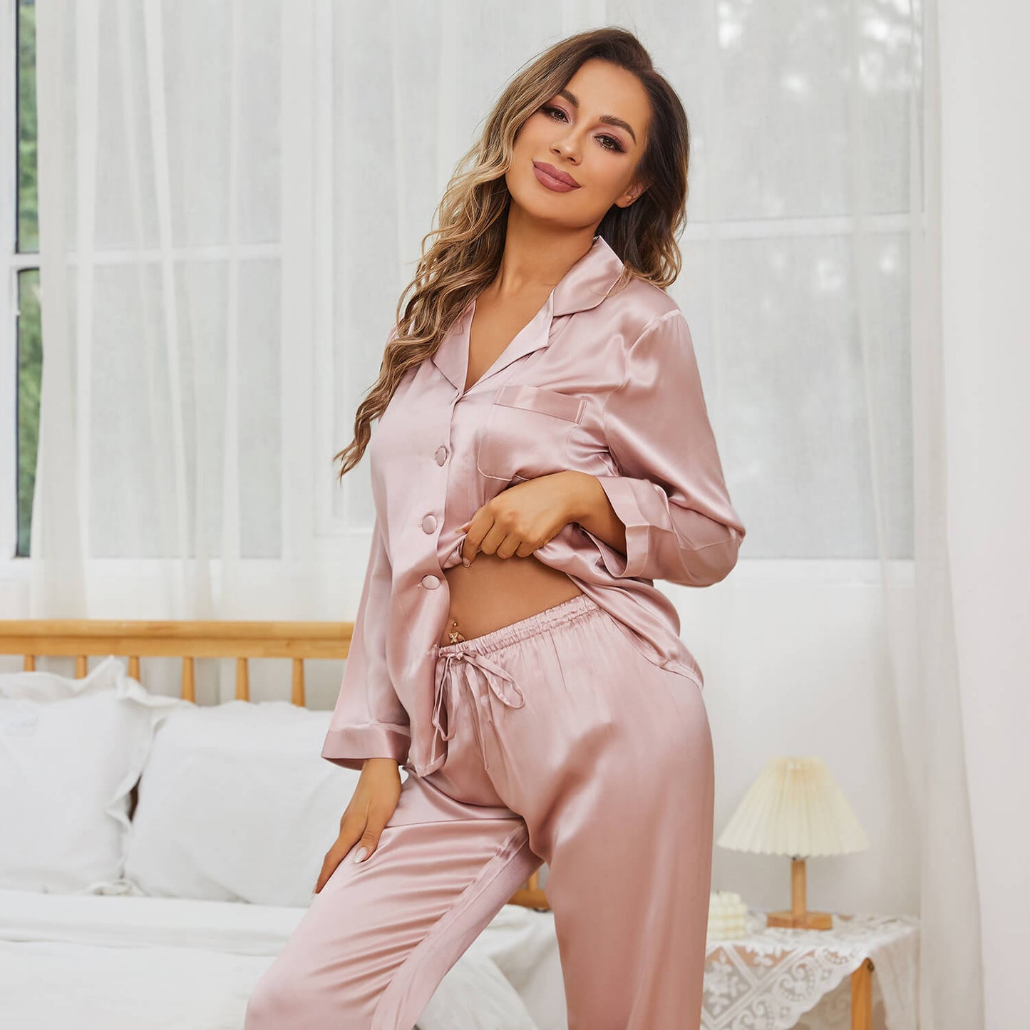 Long Sleeves Womens Silk Pajamas Set Classic Luxury Silk Sleepwear