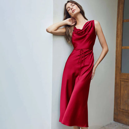 Luxury Silk Dresses Cowl Neck Sleeveless One Piece Dress With Belts