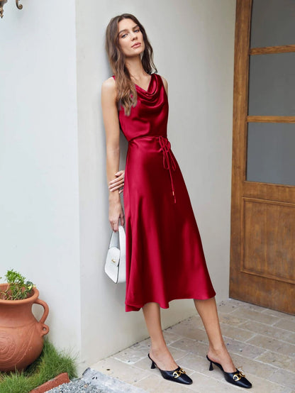 Luxury Silk Dresses Cowl Neck Sleeveless One Piece Dress With Belts