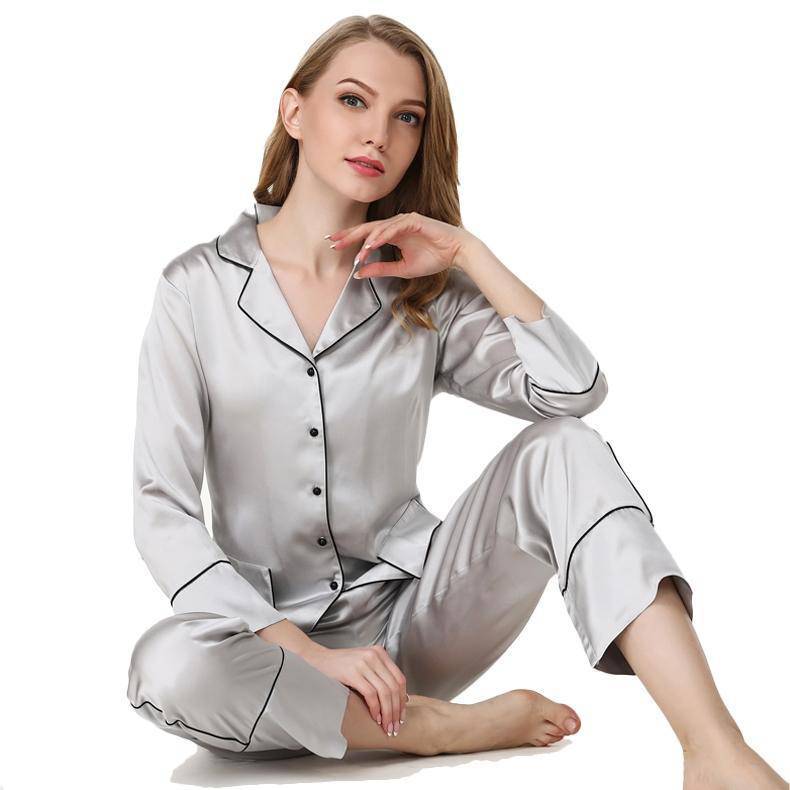 Luxury silk pajama Set For Women Long silk pajamas With Pocket