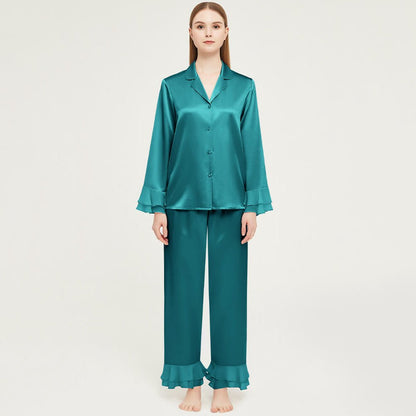 Luxury women silk two-piece pjs 100% Mulberry Ruffled silk pajamas