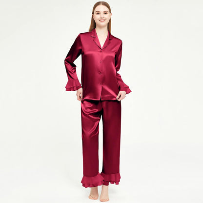 Luxury women silk two-piece pjs 100% Mulberry Ruffled silk pajamas